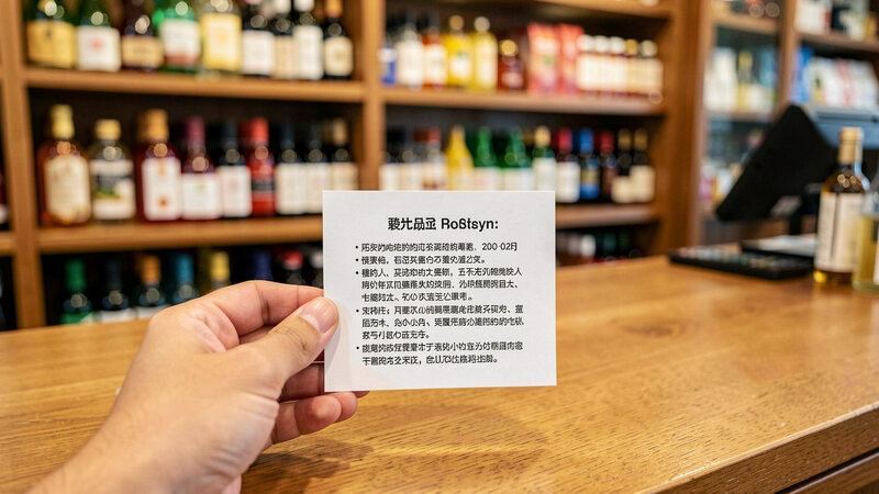 A small printed notice card held by hand in front of a shop counter, with shelves of goods blurred in the background.