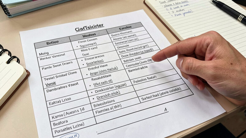 A printed table of categories spread on a desk beside a notebook and a pen, with a hand pointing at one row.