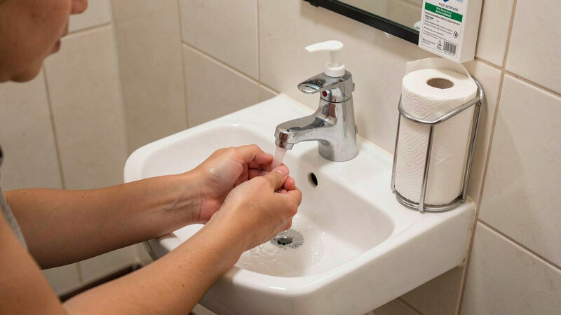 Hands being washed under running water at a small sink with a soap dispenser and a paper towel holder beside it.