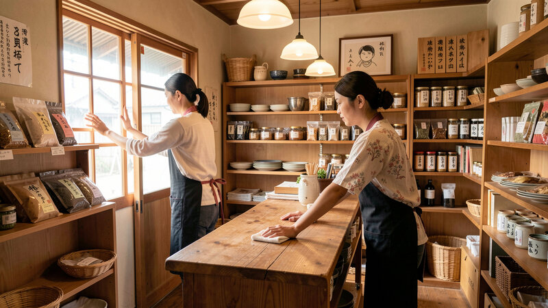 朝の店内で、店員が入口の取っ手を布で拭き、外のお客様を待たせないように手早く作業している場面