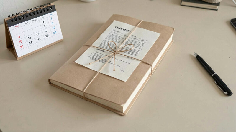 A closed folder of documents tied with a string on a plain desk, with a small calendar and a pen beside it.